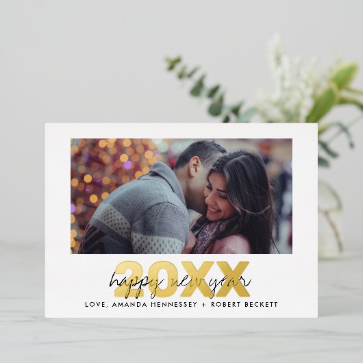 モダンタイポグラフィ台本の新年の写真実在 箔シーズンカード (立ち正面)