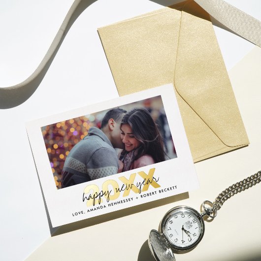 モダンタイポグラフィ台本の新年の写真実在 箔シーズンカード