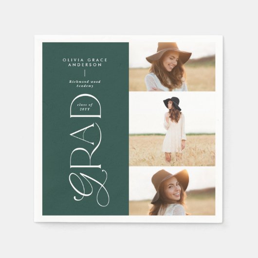 モダンタイポグラフィ数々の大学院生ダークグリーン スタンダードカクテルナプキン (正面)