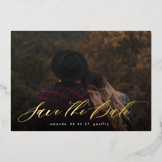 モダンタイポグラフィ書道写真の保存日付 箔招待状 (正面)