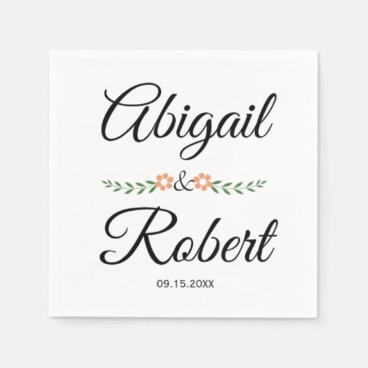 モダンタイポグラフィ桃結婚花 スタンダードカクテルナプキン (正面)