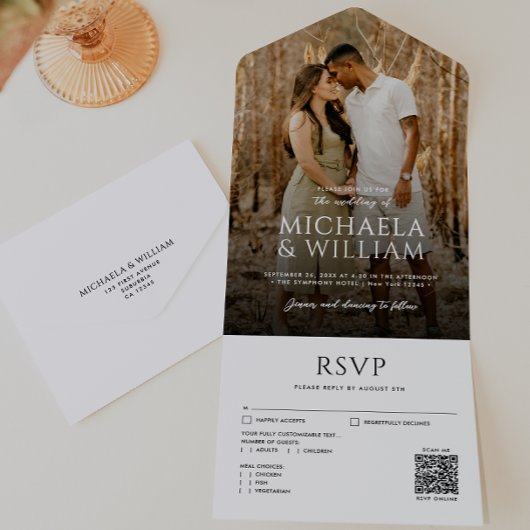 モダンタイポグラフィ独身の写真とQRコード結婚 オールインワン招待状