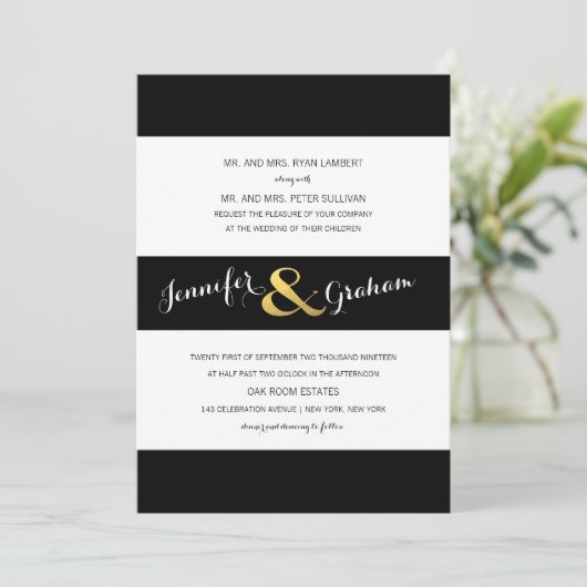 モダンタイポグラフィ白黒ストライプ | ゴールド 招待状 (スタンド正面)