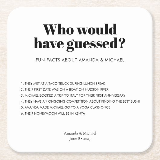 モダンタイポグラフィ白黒結婚のおもしろい事実 スクエアペーパーコースター (正面)