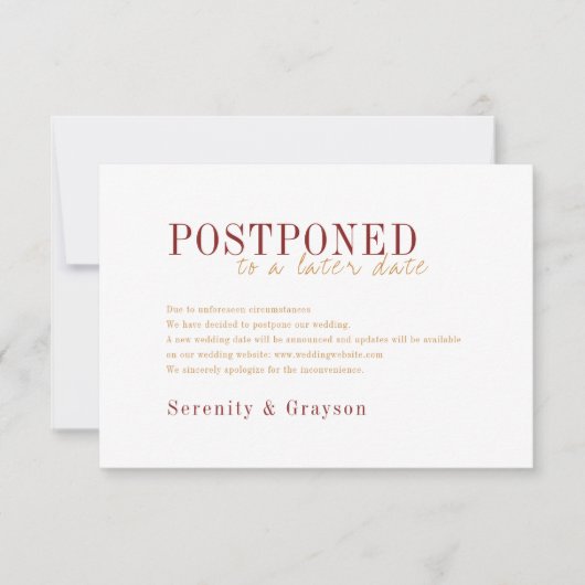 モダンタイポグラフィ秋の結婚式延期 招待状 (正面)