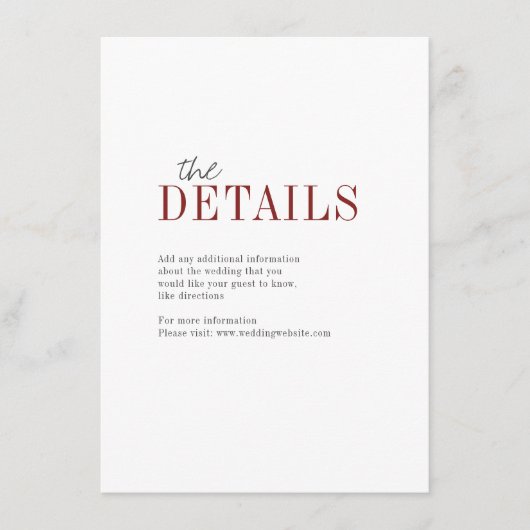 モダンタイポグラフィ秋の結婚式詳細カード エンクロージャーカード (正面)