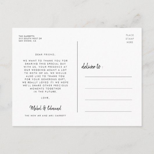 モダンタイポグラフィ結婚の写真感謝していよ ポストカード (裏面)