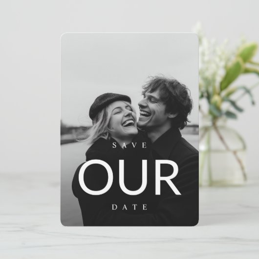 モダンタイポグラフィ結婚式の日付写真を保存 招待状 (スタンド正面)