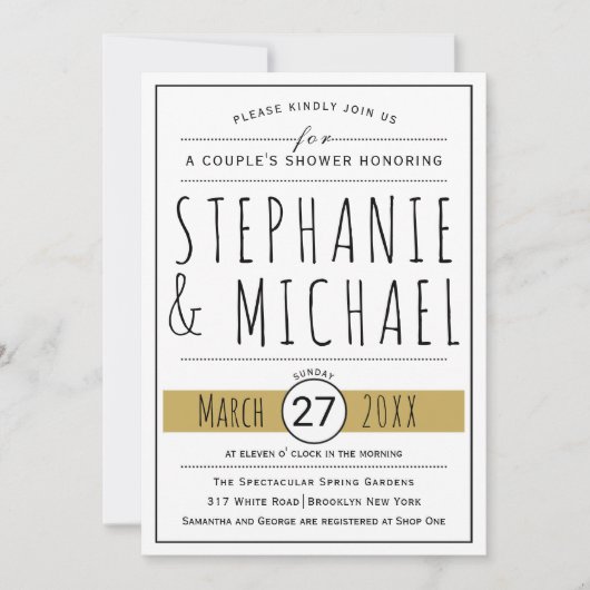 モダンタイポグラフィ結婚金ゴールドのカップルのシャワー 招待状 (正面)