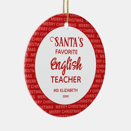 モダンタイポグラフィ英語先生クリスマスレッド セラミックオーナメント (右)