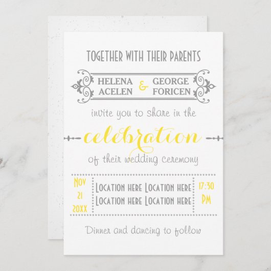 モダンタイポグラフィ黄結婚色 招待状 (正面/裏面)