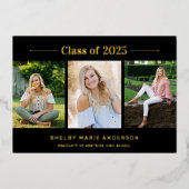 モダンタイポグラフィ3フォトブラック卒業パーティー 箔招待状 (正面)