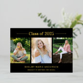 モダンタイポグラフィ3フォトブラック卒業パーティー 箔招待状 (立ち正面)