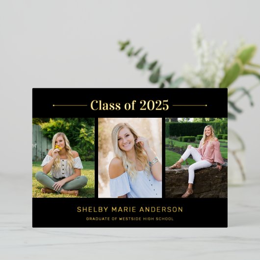 モダンタイポグラフィ3フォトブラック卒業パーティー 箔招待状 (立ち正面)