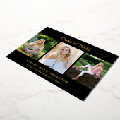 モダンタイポグラフィ3フォトブラック卒業パーティー 箔招待状 (回転した状態)