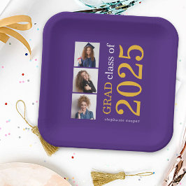 モダンタイポグラフィ3写真パープル2025卒業 ペーパープレート