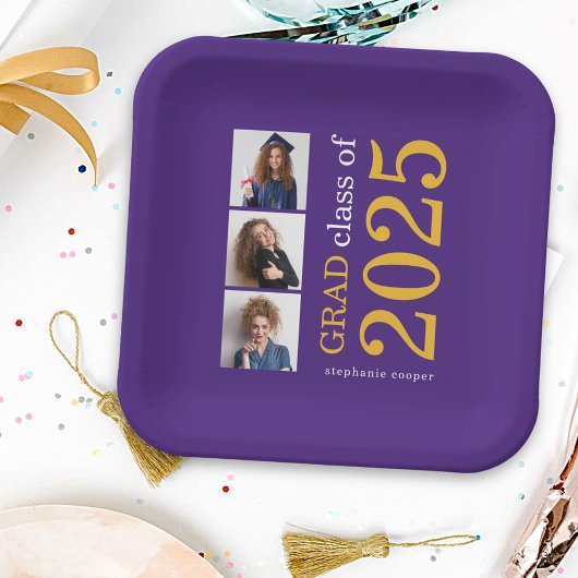 モダンタイポグラフィ3写真パープル2025卒業 ペーパープレート