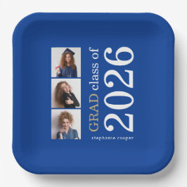 モダンタイポグラフィ3写真ブルー2025卒業 ペーパープレート