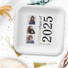 モダンタイポグラフィ3写真ホワイト2025卒業 ペーパープレート
