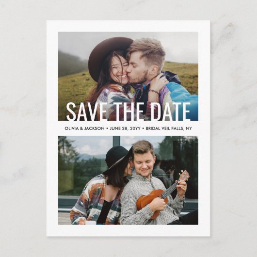 モダンタイポグラフィ3写真結婚式の日付を保存 案内ポストカード (正面)