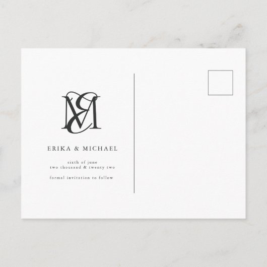 モダンタイポグラフィ3写真結婚式の日付を保存 案内ポストカード (裏面)