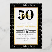 モダンタイポグラフィ50thバースデーパーティーブラック金ゴールド 箔招待状 (正面)