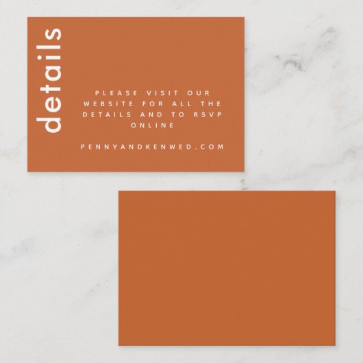 モダンタイポグラフィ |焼けたオレンジ結婚のウェブサイト エンクロージャーカード (正面/裏面)