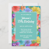 モダンターコイズウォーターカラーフローラl25th誕生日 招待状 (正面)