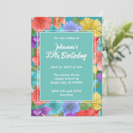 モダンターコイズウォーターカラーフローラl25th誕生日 招待状 (スタンド正面)