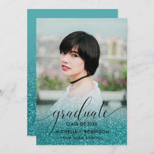 モダンターコイズグリッターグラデーションガーリー写真 案内状 (正面/裏面)