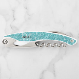 モダンターコイズグリッターモノグラム名Corkscrew ソムリエナイフ