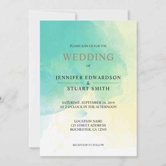 モダンターコイズゴールドの水彩写真ウェディング 招待状 (正面)
