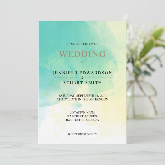 モダンターコイズゴールドの水彩写真ウェディング 招待状 (スタンド正面)