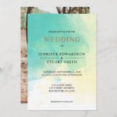 モダンターコイズゴールドの水彩写真ウェディング 招待状 (正面/裏面)