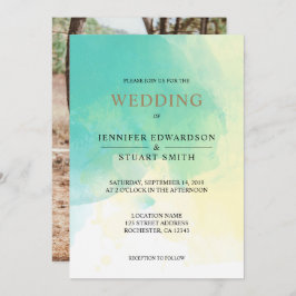 モダンターコイズゴールドの水彩写真ウェディング 招待状