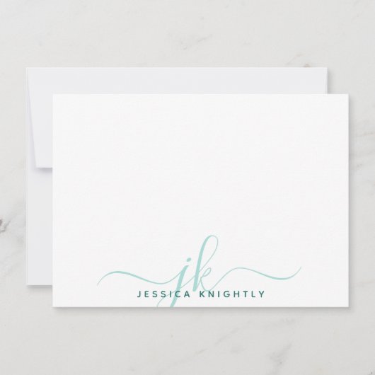 モダンターコイズスクリプトモノグラムイニシャル ノートカード (正面)
