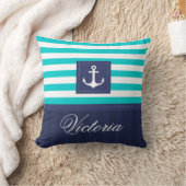 モダンターコイズネイビーいかりデザインパーソナライズされた クッション (ブランケット)