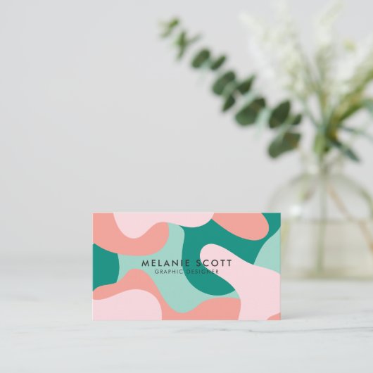 モダンターコイズピンク抽象芸術パターンのミニマル 名刺 (スタンド正面)