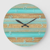 モダンターコイズフェイク金ゴールドグリッターストライプパターン ラージ壁時計 (正面)