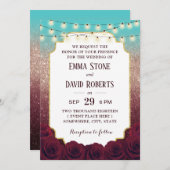 モダンターコイズブルゴーニュバラグラデーション金ゴールド結婚ズ 招待状 (正面/裏面)