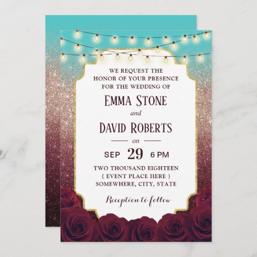 モダンターコイズブルゴーニュバラグラデーション金ゴールド結婚ズ 招待状 (正面/裏面)