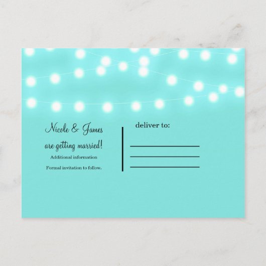 モダンターコイズブルーのストリングライト - 保存日 案内ポストカード (裏面)