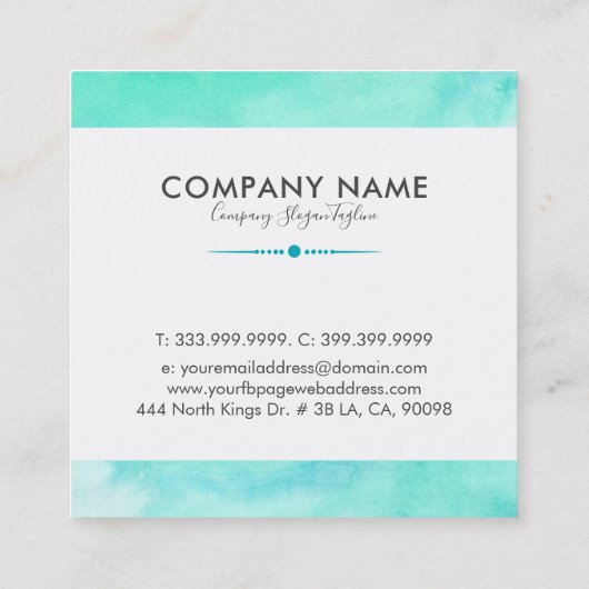 モダンターコイズブルーの水彩背景 スクエア名刺 (裏面)