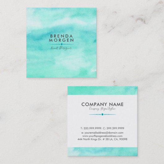 モダンターコイズブルーの水彩背景 スクエア名刺 (正面/裏面)