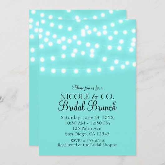 モダンターコイズブルー&ストリングライトエレガント 招待状 (正面/裏面)