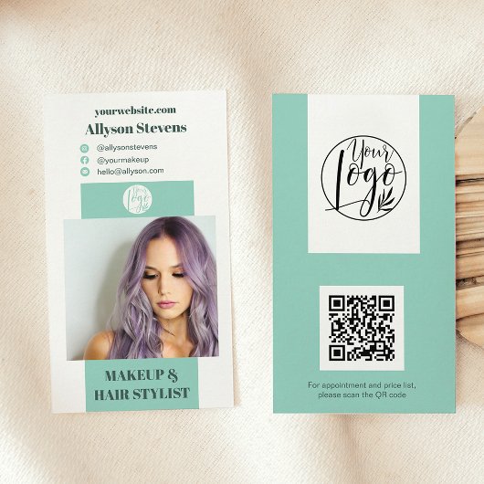 モダンターコイズメイクアップヘアフォトqrコードロゴ 名刺