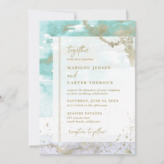 モダンターコイズラベンダー金ゴールド結婚抽象芸術 招待状 (正面)