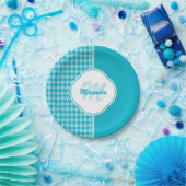 モダンターコイズ千鳥格子のモノグラムと名前 ペーパープレート (パーティー)