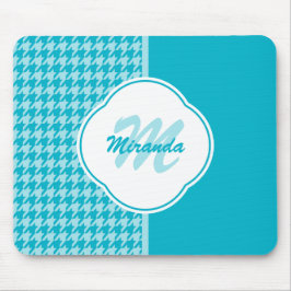 モダンターコイズ千鳥格子のモノグラムと名前 マウスパッド
