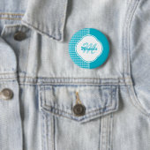 モダンターコイズ千鳥格子のモノグラムと名前 缶バッジ (インサイチュ)